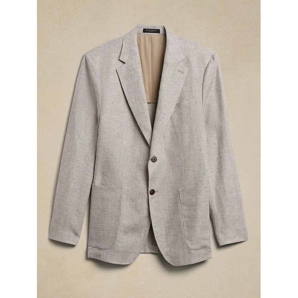 Banana Republic Mens Linen Houndstooth Blazer Suit Jacket 42S Tailored Slim Fit